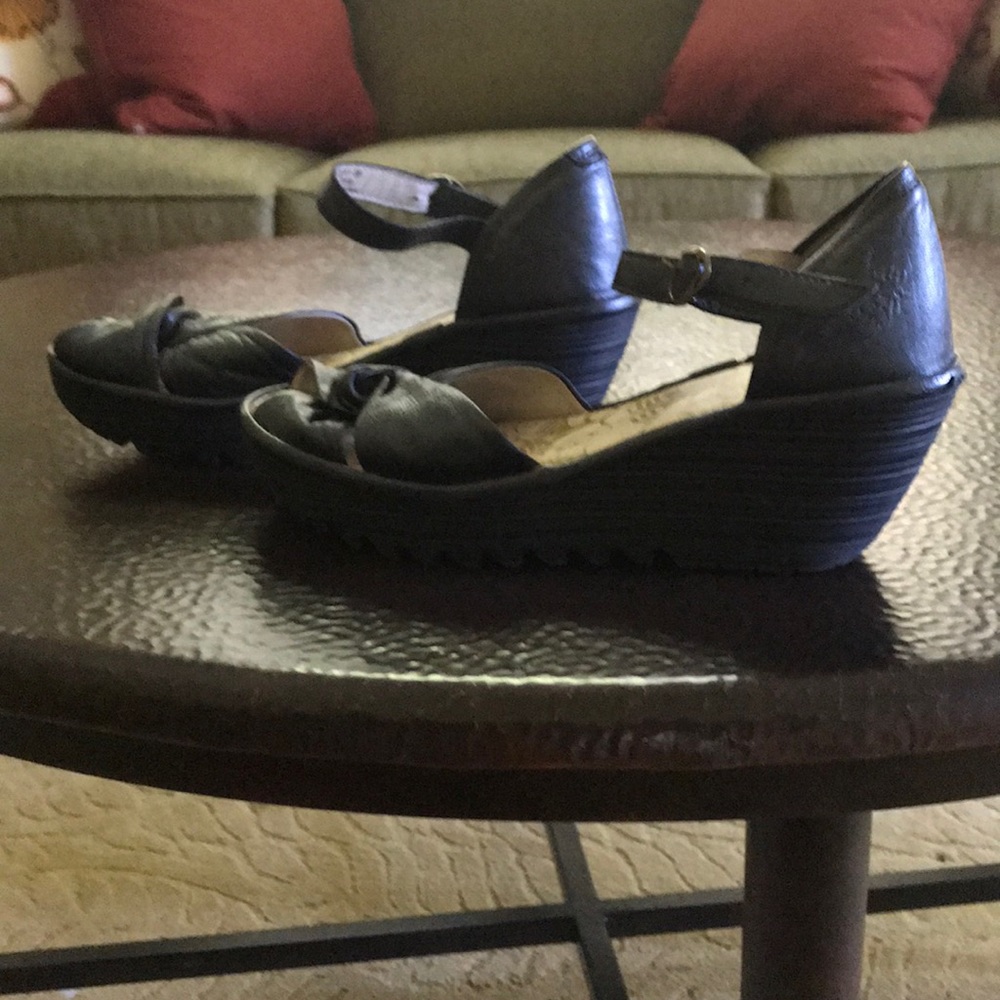 FLY London black peep-toe wedge sandals. 39/8-8.5